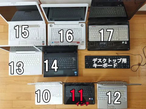 開いた状態で11インチノートPCと他サイズを並べる