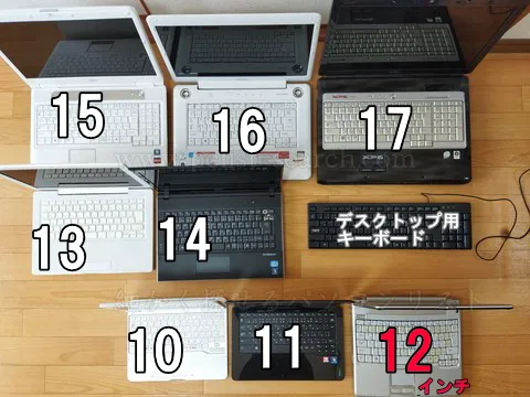 天板をオープンした状態で10から17インチまで並べる